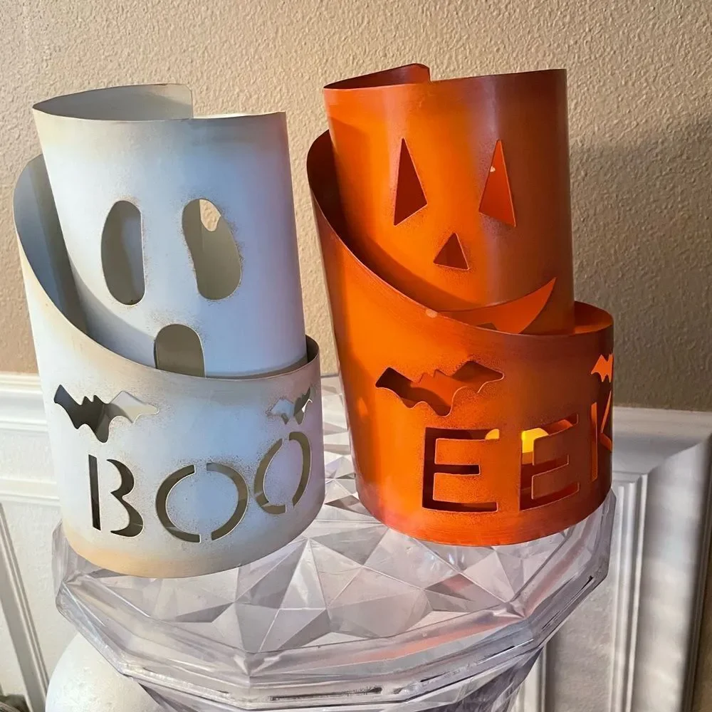 Glitzhome Set of 2 Pumpkin and Ghost Boo and Eek Metal Candle Holders